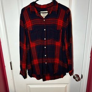 Red and Navy plaid Long Sleeve Flannel